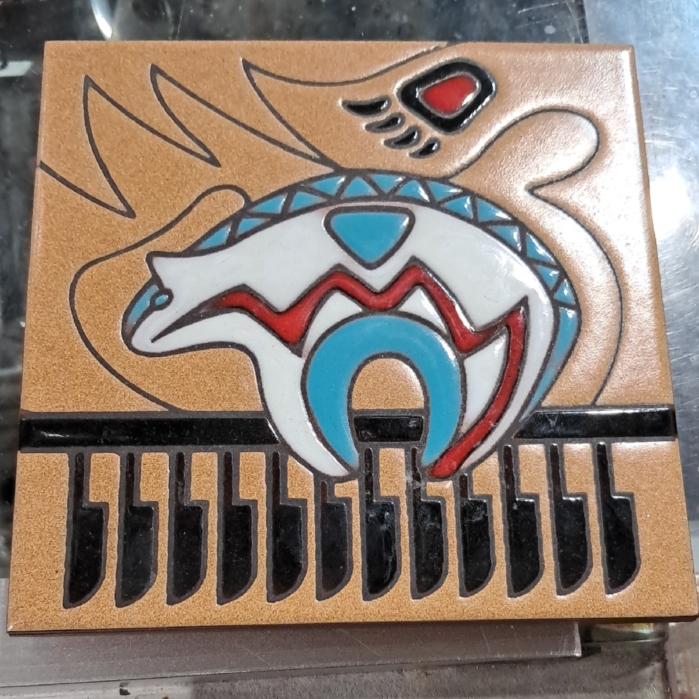 Native Ceramic Tile with Bear Design - Brown, Black, Red, Blue